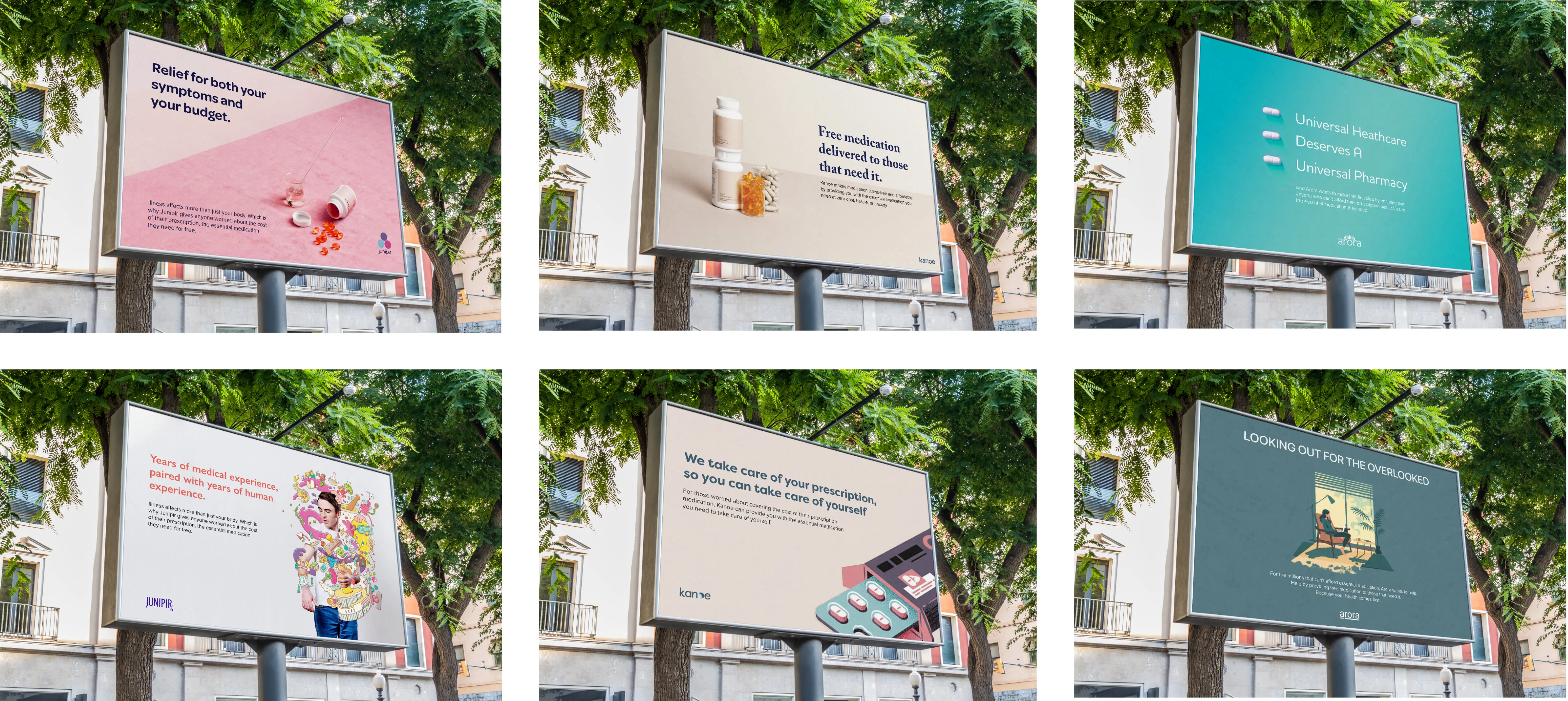Communication concepts comparing Junipir, Kanoe and Arora through billboard mockups.