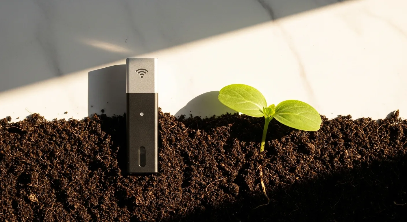 EarthOne soil sensor beside a growing seedling.