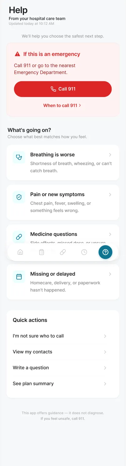 Wooden Bridge Help screen grouping care concerns and contact options, with urgent help visible.