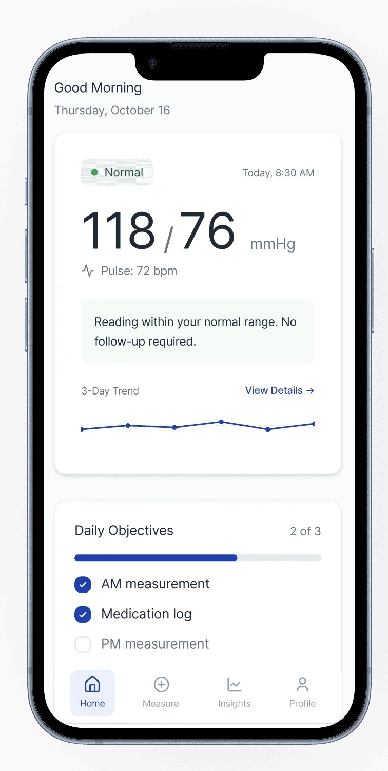 Numa home screen with a blood-pressure reading and daily objectives.