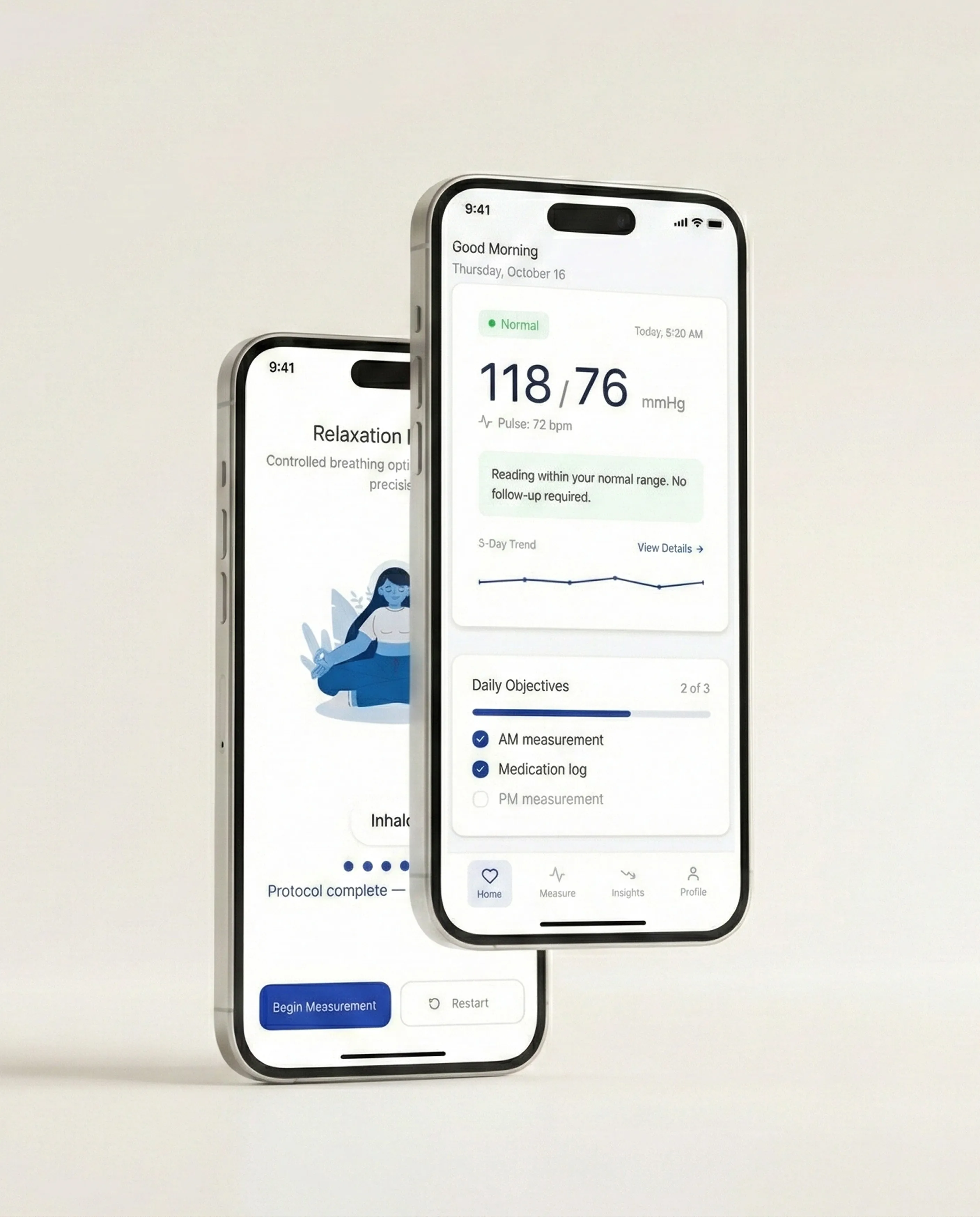 Two Numa phone mockups showing blood pressure, daily objectives and a breathing exercise.