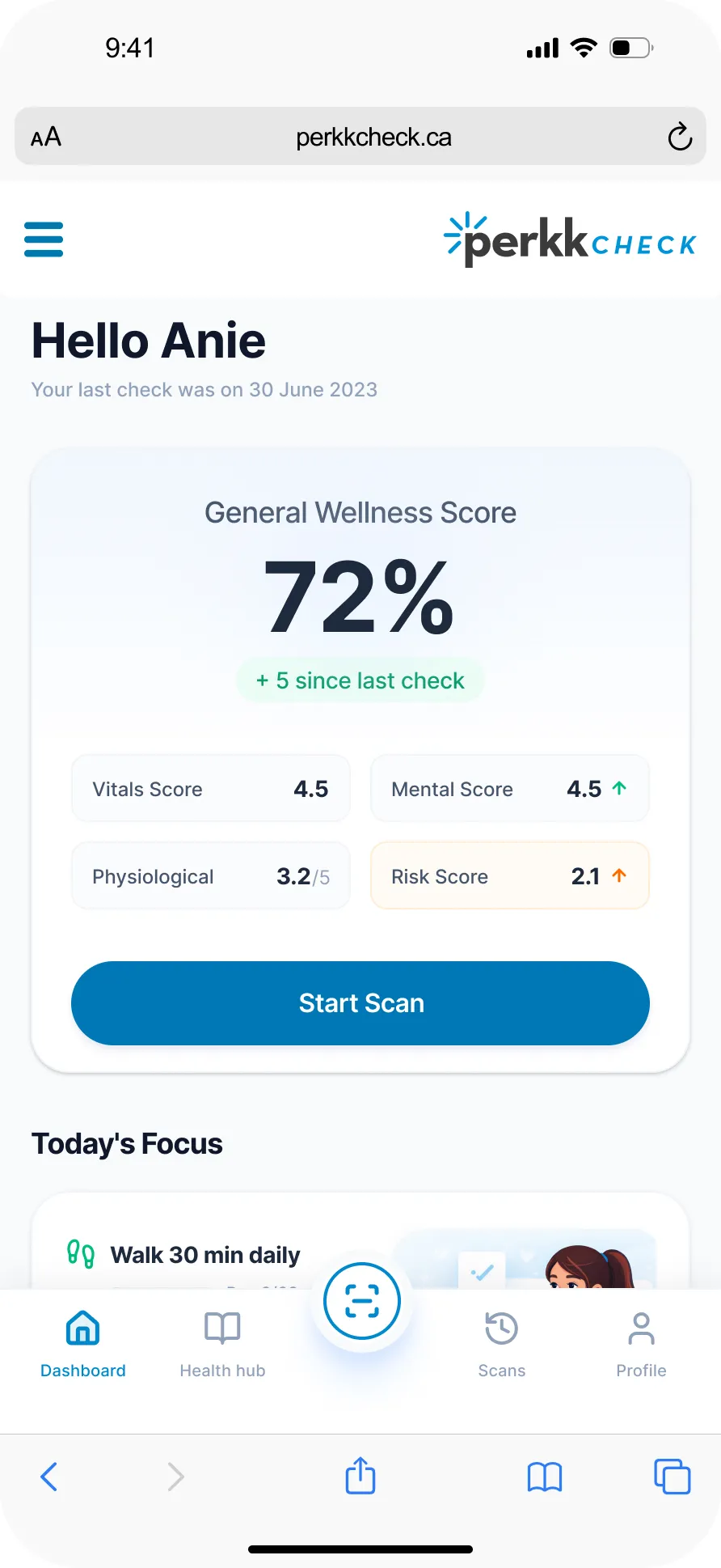 PerkkCheck mobile dashboard showing a wellness score and health indicators.