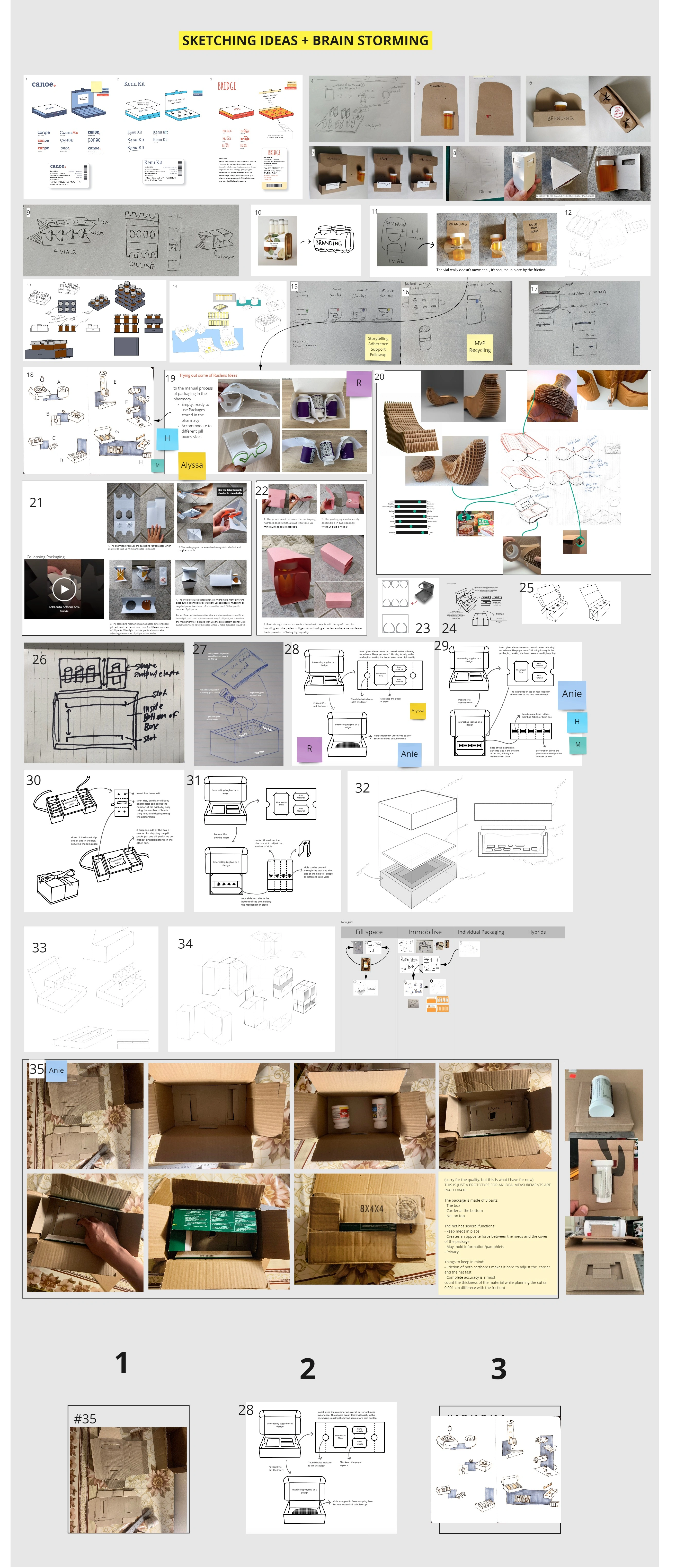 Selected original packaging sketches comparing carton layouts, bottle positions and inserts.
