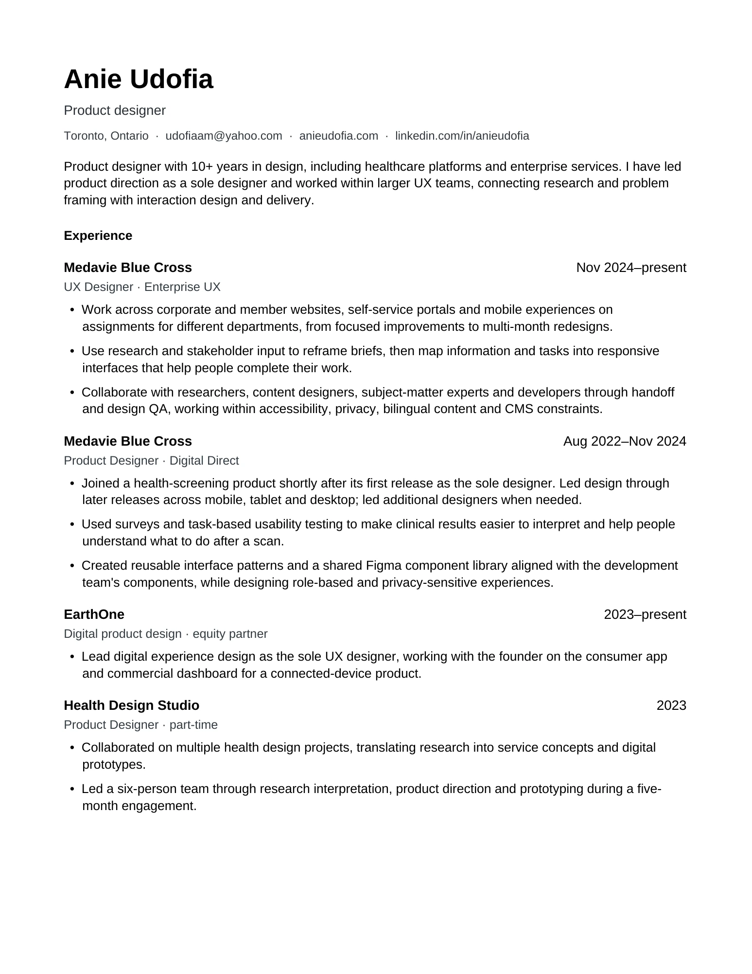 Page 1 of 2 of Anie Udofia's résumé